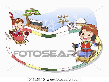 Clipart - children sledding on ice. Fotosearch