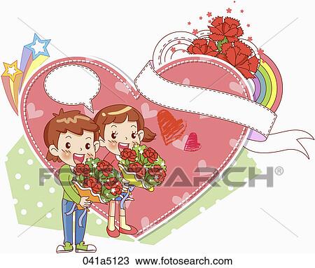 Drawing - children with carnations. Fotosearch