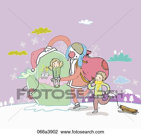 christmas santa and children View Large Illustration Drawing - christmas santa and children. Fotosearch