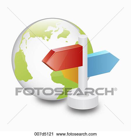 Direction sign beside globe View Large Illustration Clip Art - Direction sign beside globe. Fotosearch