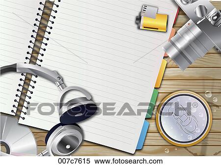 Headphones, camera, film and spiral notebook View Large Illustration Stock Illustration - Headphones, camera, film and spiral notebook. Fotosearch