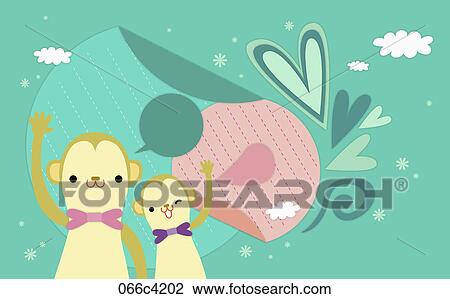 Drawing - monkeys in illustrated backdrop. Fotosearch
