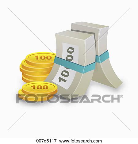 Stock Illustration - Notes and stacks with coins. Fotosearch