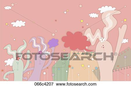 Stock Illustration - rabbits in illustrated backdrop. Fotosearch