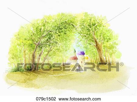 Drawing - riding bicycle in forest. Fotosearch