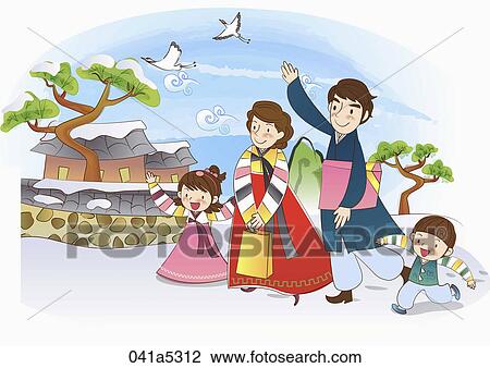Drawing - scene of Korean traditional holidays. Fotosearch