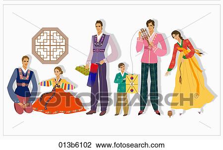 Six people wearing Korean traditional clothes View Large Illustration Drawing - Six people wearing Korean traditional clothes. Fotosearch