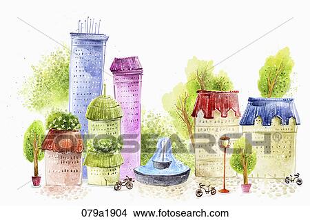 Picture - spring scene of hazy village. Fotosearch