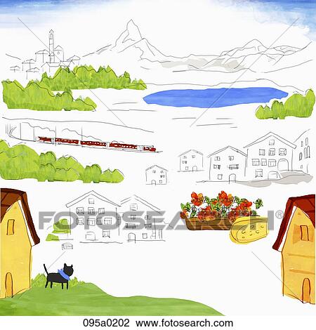 travel landmarks of Swiss View Large Illustration Drawing - travel landmarks of Swiss. Fotosearch