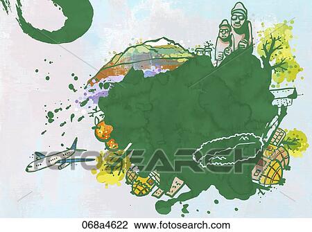 Drawing - travelling landmarks of Korea. Fotosearch