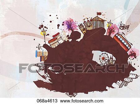 Drawing - travelling landmarks of UK. Fotosearch