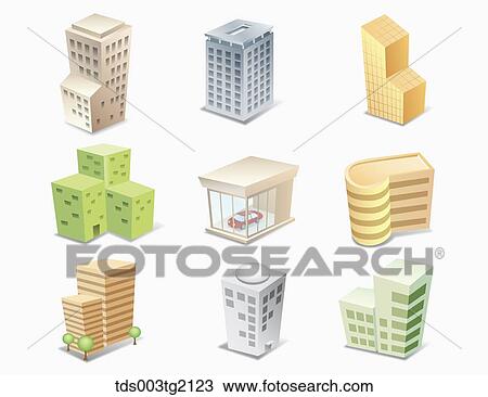 Drawing - various types of buildings. Fotosearch