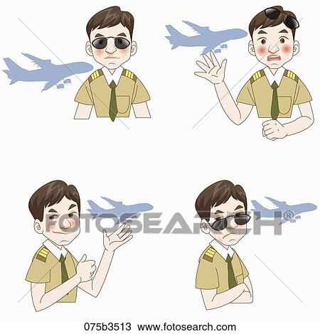 Drawing - various types of expressions of pilot. Fotosearch