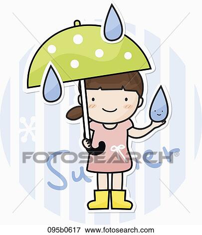 女の子 保有物の傘 上に A 雨の日 イラスト 095b0617 Fotosearch