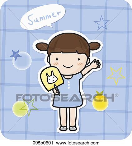 Clip Art - a girl holding fan. Fotosearch