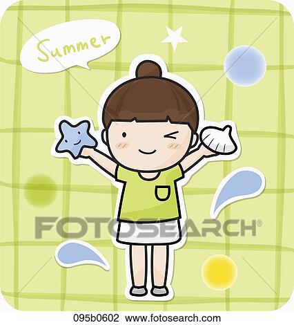 a girl holding shell and starfish View Large Illustration Drawing - a girl holding shell and starfish. Fotosearch