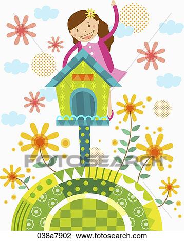 Drawing - a girl on the post box. Fotosearch