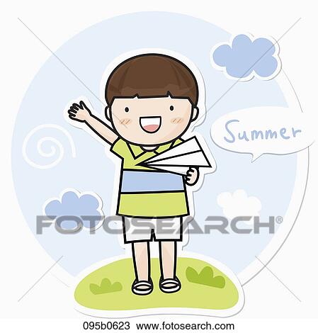 boy flying paper airplane View Large Illustration Drawing - boy flying paper airplane. Fotosearch