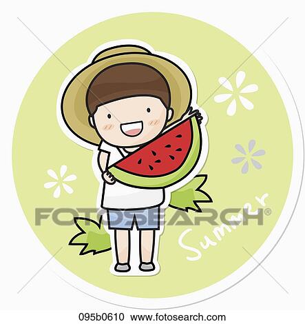 boy holding a piece of watermelon View Large Illustration Clipart - boy holding a piece of watermelon. Fotosearch