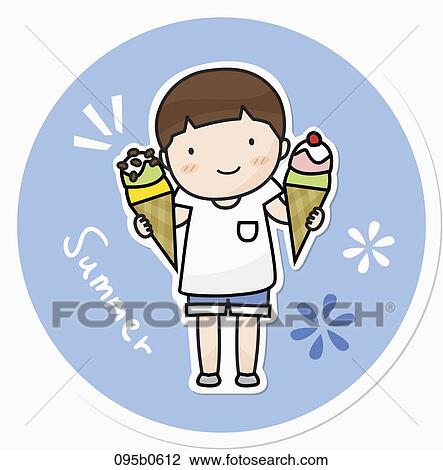 Drawing - boy holding icecreams in his both hands. Fotosearch