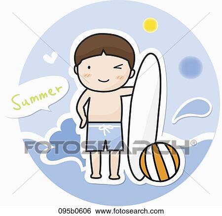 Stock Illustration - boy holding surfing board on the beach. Fotosearch