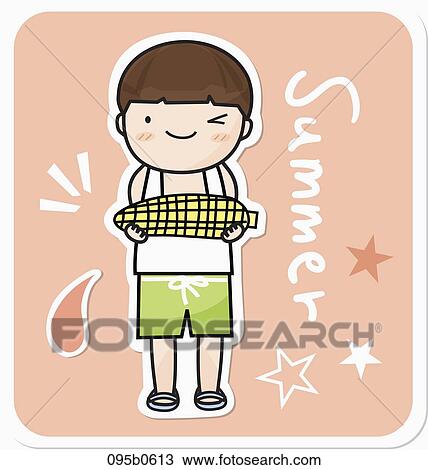 Drawing - boy holding yellow corns in his hands. Fotosearch