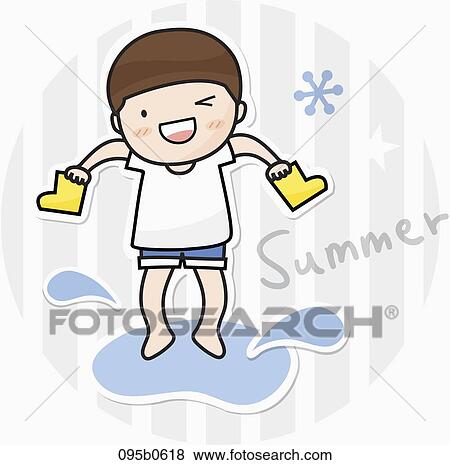 boy hopping on a rainy day View Large Illustration Stock Illustration - boy hopping on a rainy day. Fotosearch
