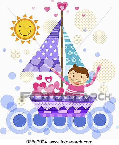 Stock Illustration - boy sailing boat. Fotosearch