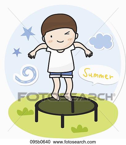 Clipart - boy tumbling on the trampoline. Fotosearch