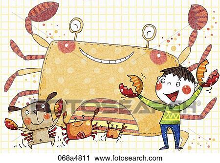 boy with crabs View Large Illustration Clip Art - boy with crabs. Fotosearch