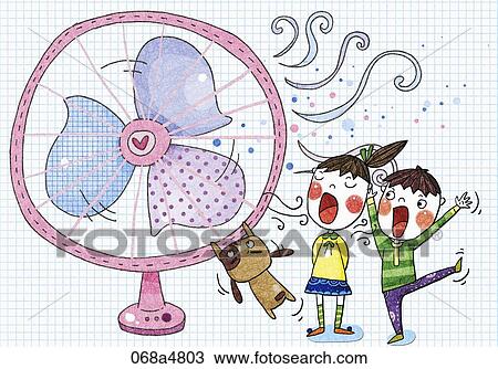 children and doggy enjoying electric fan's wind View Large Illustration Drawing - children and doggy enjoying electric fan's wind. Fotosearch
