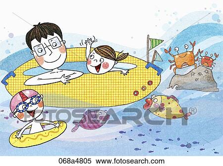 Stock Illustration - children enjoying summer vacation with their father. Fotosearch