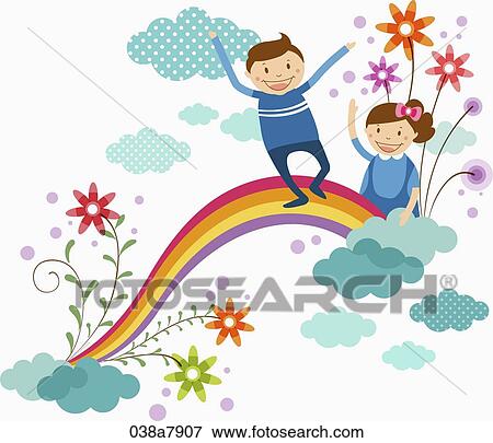 Stock Illustration - children on the rainbow. Fotosearch