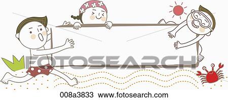 Drawing - children playing by the sea side. Fotosearch