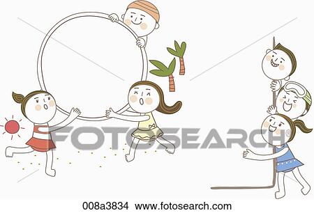 Stock Illustration - children playing by the sea side. Fotosearch