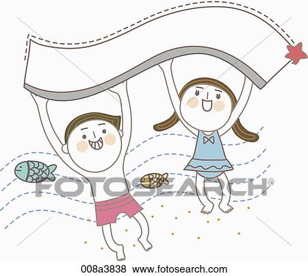Stock Illustration - children playing by the sea side. Fotosearch