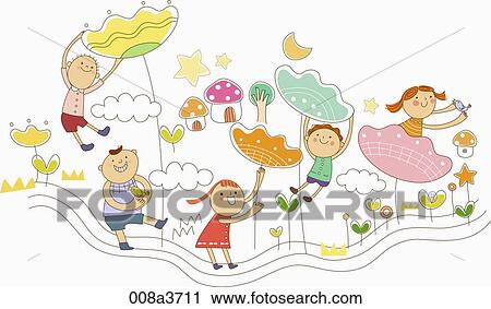 Children playing outdoors View Large Illustration Clip Art - Children playing outdoors. Fotosearch