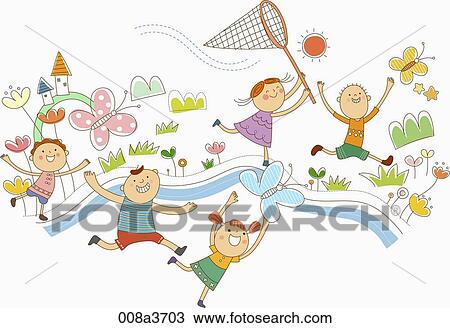 Children playing outdoors View Large Illustration Drawing - Children playing outdoors. Fotosearch