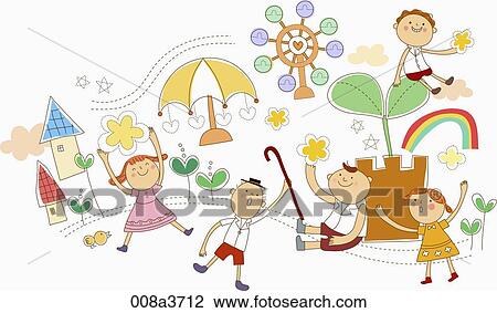 Drawing - Children playing outdoors. Fotosearch