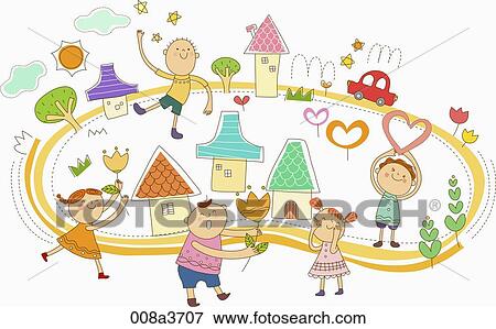 Stock Illustration - Children playing outdoors. Fotosearch