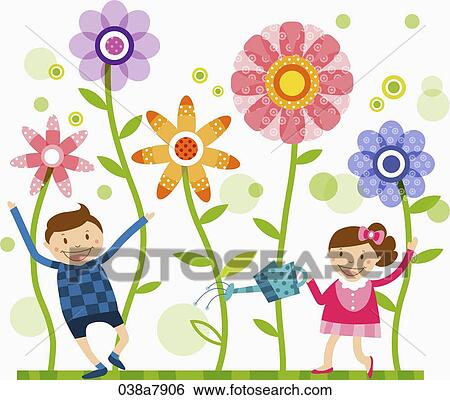 Stock Illustration - children watering flowers. Fotosearch
