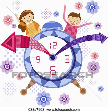children waving hands on the clock View Large Illustration Stock Illustration - children waving hands on the clock. Fotosearch
