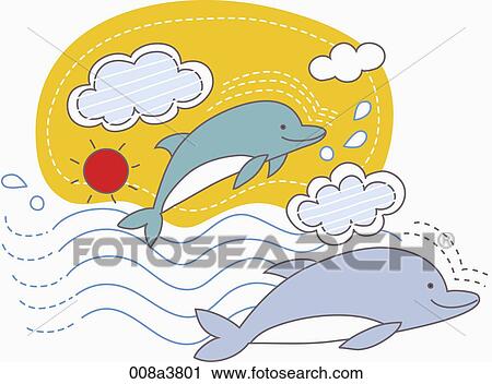 Clip Art - Dolphins over a calm sea. Fotosearch