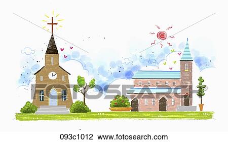 Drawing - exterior of churches. Fotosearch
