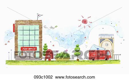 exterior of post office View Large Illustration Drawing - exterior of post office. Fotosearch