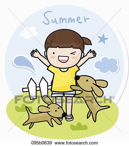 Stock Illustration - girl had a great time with her dogs. Fotosearch