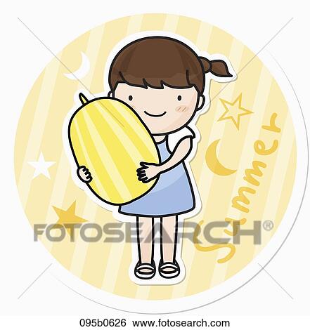 girl holdig oriental melon View Large Illustration Stock Illustration - girl holdig oriental melon. Fotosearch
