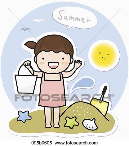 Stock Illustration - girl holding basket on the beach. Fotosearch