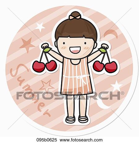 Stock Illustration - girl holding cherries in both her hands. Fotosearch
