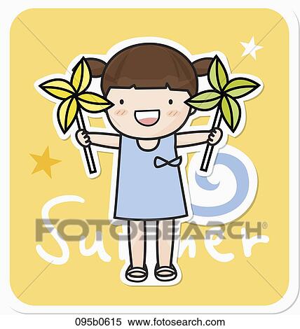 girl holding pin wheels in her both hands View Large Illustration Stock Illustration - girl holding pin wheels in her both hands. Fotosearch